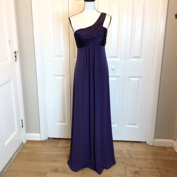 Davids Bridal Lapis Purple One Shoulder Long Jersey Cascade Back Dress Size 8 - Picture 5 of 14